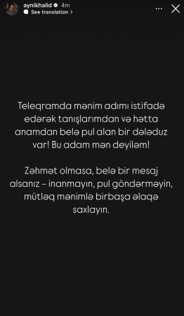 "Teleqramda mənim adımdan istifadə edərək tanışlarımdan və hətta anamdan belə pul alan bir dələduz var"